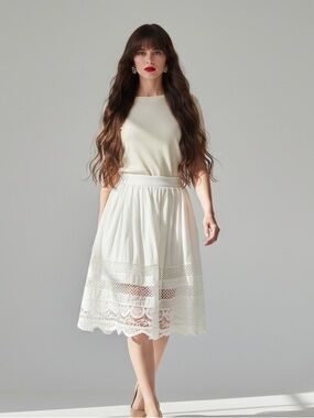 Vintage-Inspired Lace Inset Boho Midi Skirt | Cotton Linen | Size M